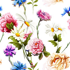 Seamless pattern of carnation flowers with chamomile (camomile), leaves, cornflowers and peony on white. Vintage style. Vector stock