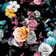 Panele Szklane  Koliber, róże, piwonia z liśćmi na czarnym tle. Akwarela. Bezszwowe tło wzór. Wektor - czas
