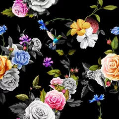 Behang Humming bird, roses, peony with leaves on black background. Watercolor. Seamless background pattern. Vector - stock. © iMacron