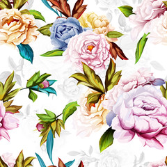 Seamless background pattern of peony on white. Watercolor, hand drawn. Vector - stock