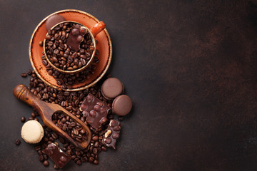 Coffee cup, beans, chocolate