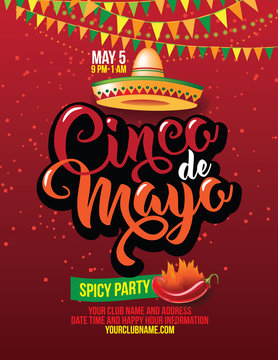 Cinco de Mayo poster design template with lettering, flaming red pepper jalapeno and sombrero - symbols of holiday. AI 10 vector.
