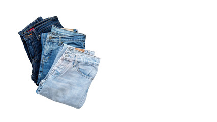 Jeans stacked on white background., This has clipping path.