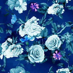 Gardinen Seamless background pattern of roses, peony, cornflowers (blue-bonnet), roses buds with leaves on dark blue. Watercolor, hand drawn. Vector - stock © iMacron