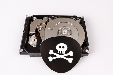 skull with bones and hard drive from computer, cyber security concept