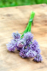 Flower chives tied in a snop on a natural wooden cutting board © Miroslav Beneda