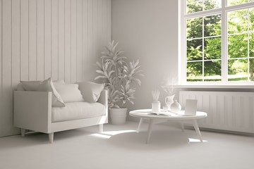 White room with armchair and green landscape in window. Scandinavian interior design. 3D illustration