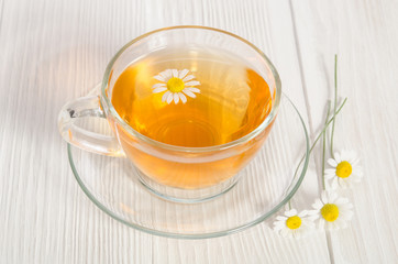 Cup of medicinal chamomile tea on the wooden table