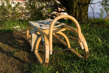 Sledge under the tree on a green meadow. Slovakia