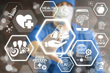 Pharmacy, medicine and healthcare concept - doctor presses icon hand hold capsule pill on virtual...