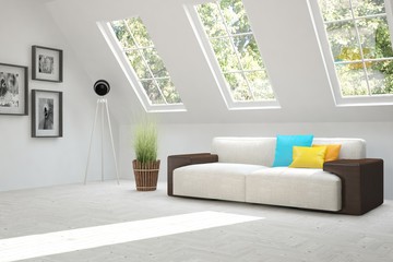 Naklejka premium White room with sofa and green landscape in window. Scandinavian interior design. 3D illustration