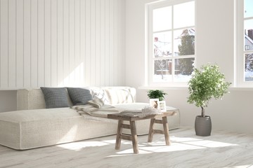 White room with sofa and winter landscape in window. Scandinavian interior design. 3D illustration