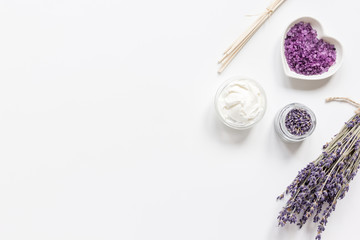 lavender herbs in body care cosmetics top view space for text