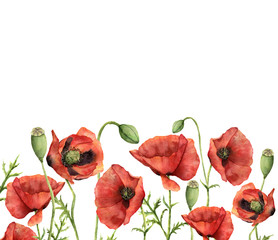 Watercolor floral card with poppies. Hand painted illustration with flowers, leaves, seed capsule and branches isolated on white background. For design, print and background