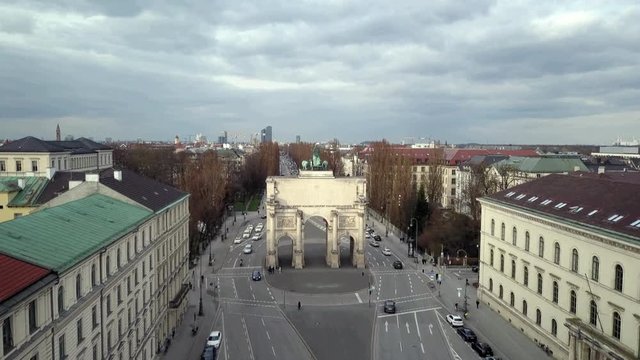 The Siegestor (Victory Gate) in Munich is a three-arched triumphal arch crowned with a statue of Bavaria with a lion-quadriga