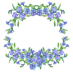 Periwinkle. Vintage decorative spring flowers wreath. Hand drawn watercolor painting on white background. Element for invitations, posters, greeting cards, blogs.