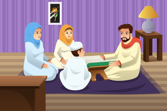 Muslim Family Studying Quran at Home