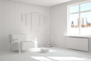 Fototapeta na wymiar White room with armchair and urban landscape in window. Scandinavian interior design. 3D illustration