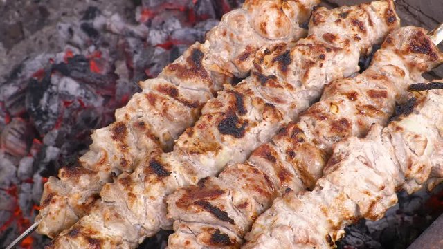 Cooking kebab on the coals. Grilled pork on skewers. Footage clip 4K, UHG, Ultra HD