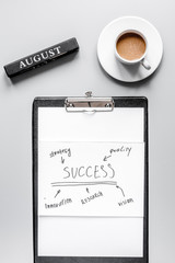 workplace with business plan on gray background top view