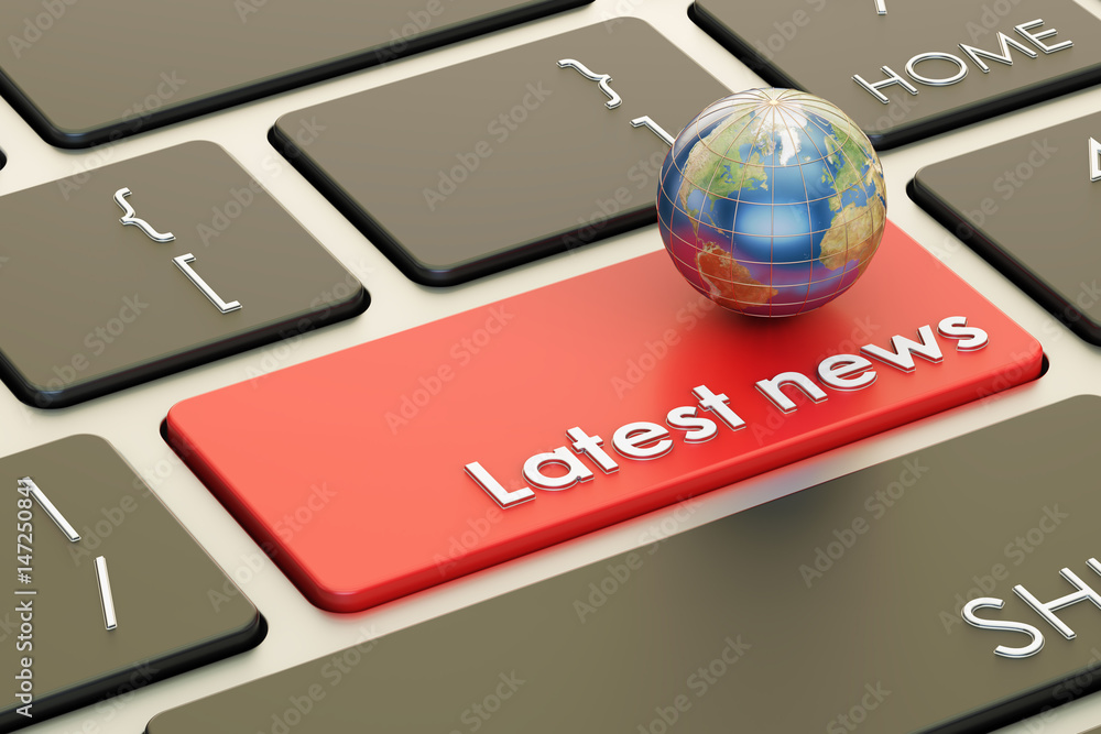 Poster latest news button, red key on keyboard. 3d rendering