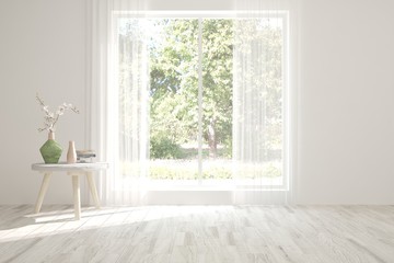 White empty room with green landscape in window. Scandinavian interior design. 3D illustration