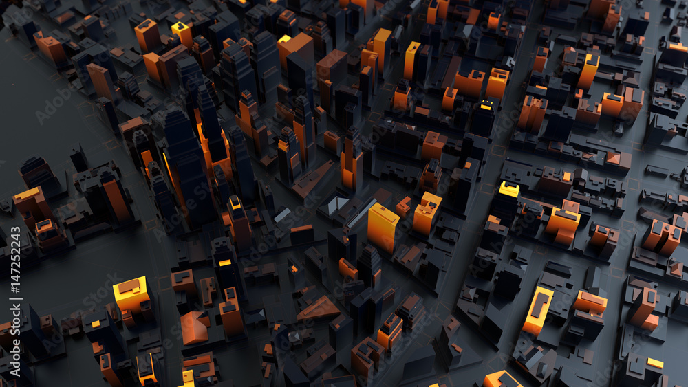 Aufkleber 3d rendered digital abstract city. scanning city for hackers attack concept. city building forms wit