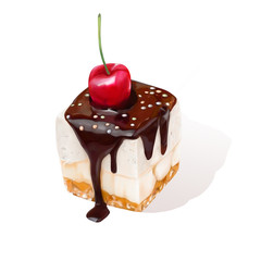 3d rendering of cake with a cherry on a white background