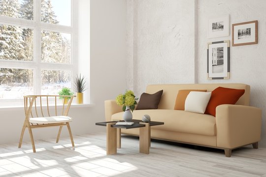 White room with sofa and winter landscape in window. Scandinavian interior design. 3D illustration