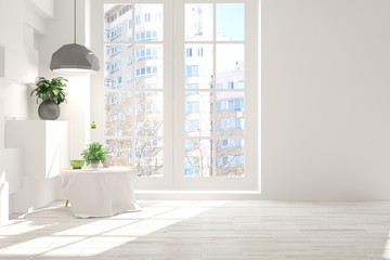 Obraz na płótnie Canvas White empty room with urban landscape in window. Scandinavian interior design. 3D illustration