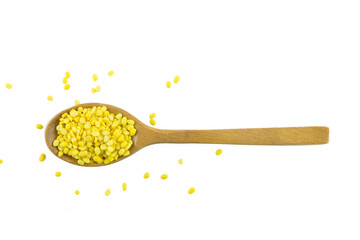 Mung beans in the wood spoon isolated on white background., This has clipping path.