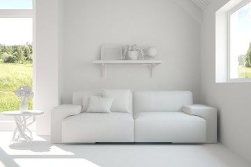 White room with sofa and green landscape in window. Scandinavian interior design. 3D illustration