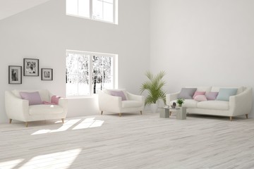 White modern room with sofa. Scandinavian interior design. 3D illustration