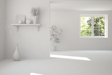 White empty room with green landscape in window. Scandinavian interior design. 3D illustration