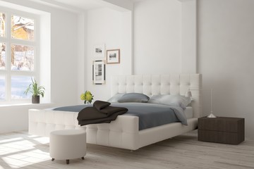 White modern bedroom. Scandinavian interior design. 3D illustration