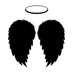 Silhouette of black angel wings and halo on a white background. Vector feathers silhouette design element. - 147263848