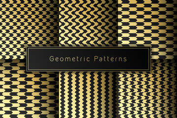 vector set of six seamless minimalist geometric patterns, simple shapes and two colors, gold and black