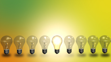 Standing in a row light bulbs with glowing one on a yellow background. Unlike others or odd man out concept.  illustration