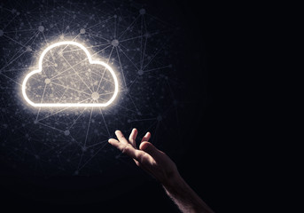Digital cloud icon as symbol of wireless connection on dark back