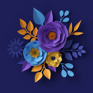 Fototapeta 3d render, digital illustration, yellow blue paper flowers design, bridal bouquet, floral holiday background