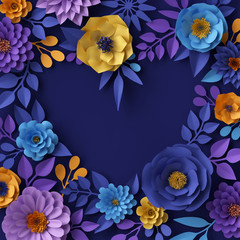 3d render, digital illustration, yellow blue paper flowers design, floral heart shape, Valentine's day festive background