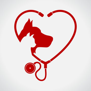 Cat and Dog. Red Heart. Veterinary symbol