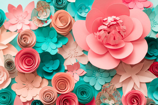 Floral trendy abstract background with 3d paper flowers © Ecaterina