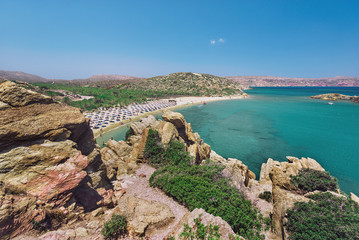 Fototapeta na wymiar Sea lagoon and Vai sandy beach at the eastern part of Crete island near Sitia town