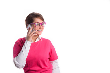 Woman in pink speaks by phone