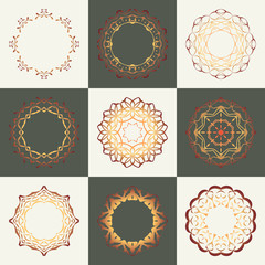 Rosette border vector collection. Yellow vintage frames. Business flourish signs, classic logo. Motifs retro frames, gold ornate elements. Luxury template elegant lines. Business sign identity.