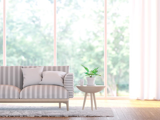 Modern living room close up  3d rendering image.There wooden floor and  large window overlooking to nature and forest