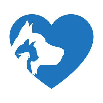 Cat and Dog with bird. Blue Heart