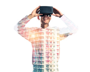 Guy wearing checked shirt and virtual mask demonstrating some em