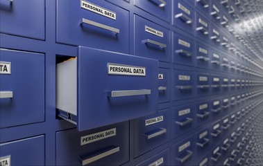 Personal data protection and privacy concept. A lot of cabinets with documents and files. 3D rendered illustration.